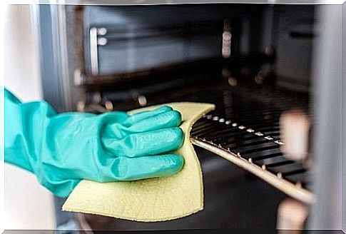 person cleaning the oven