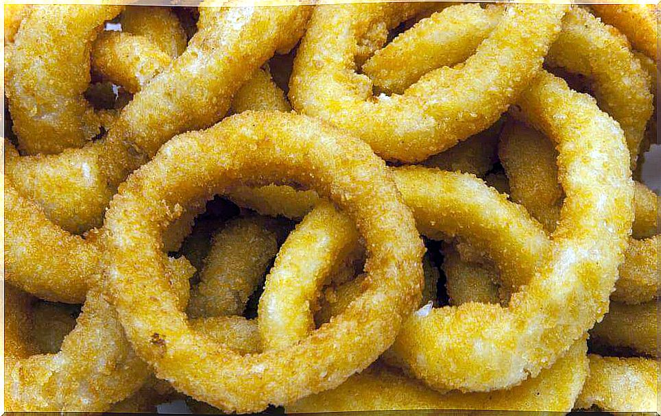 Breaded and fried onion rings